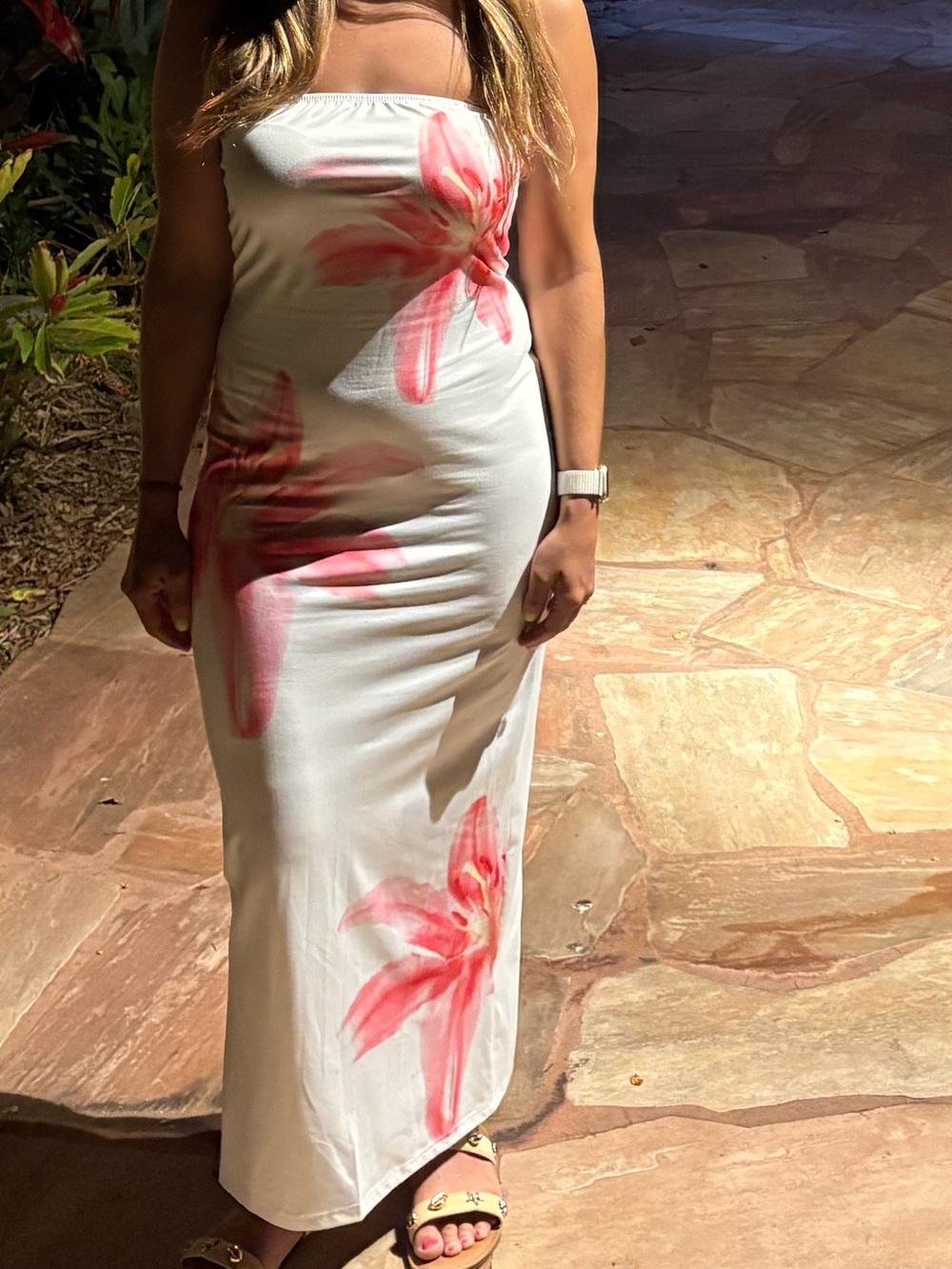 SHEIN White Strapless Tropical Floral Maxi Dress with Pink Print